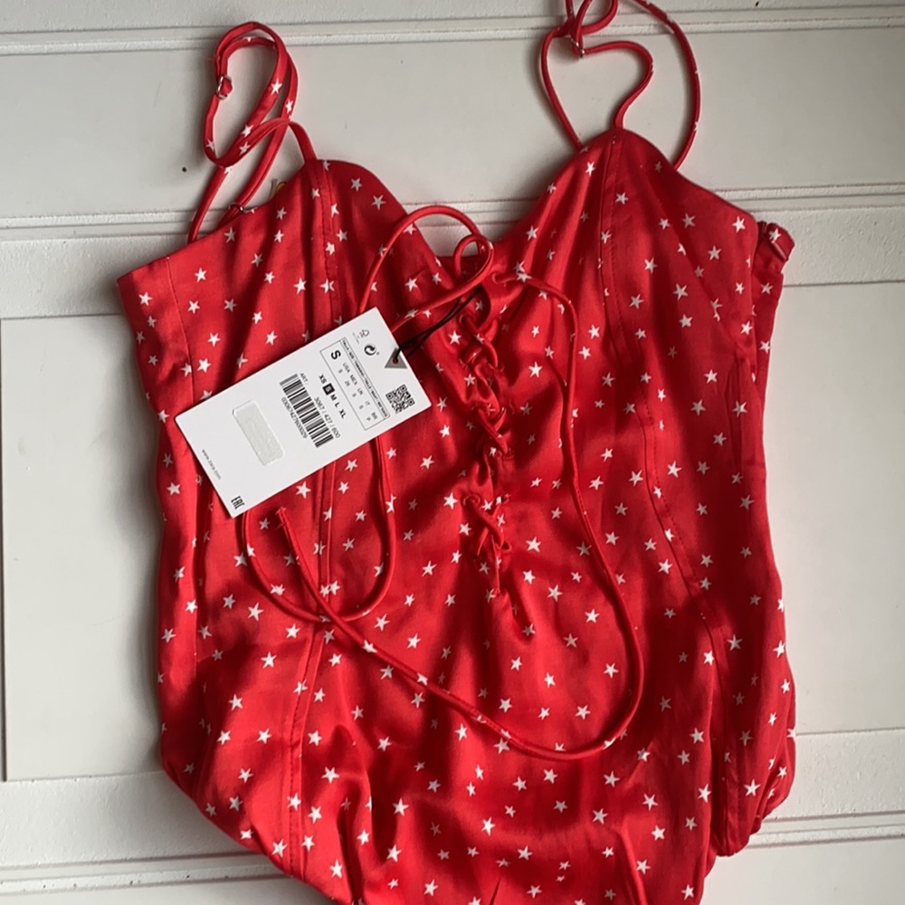 NWT Zara Red Star Printed Satin Effect Bodysuit Size S - Picture 6 of 8
